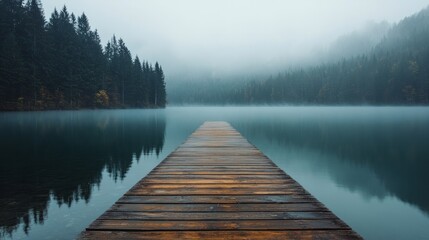 A rustic wooden pier extending into a calm, fog-covered lake surrounded by dense forests