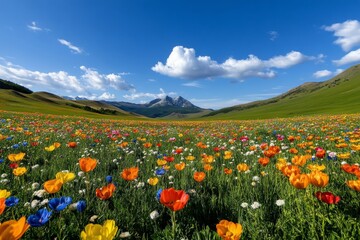 Vibrant Wildflower Meadow in Mountain Valley - Colorful wildflowers bloom under a bright blue sky, showcasing nature's beauty, serenity, and vibrant life in a picturesque mountain valley.  Symbolizes 