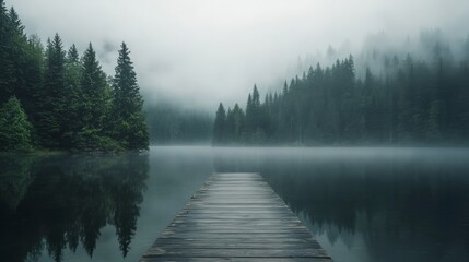 A rustic wooden pier extending into a calm, fog-covered lake surrounded by dense forests
