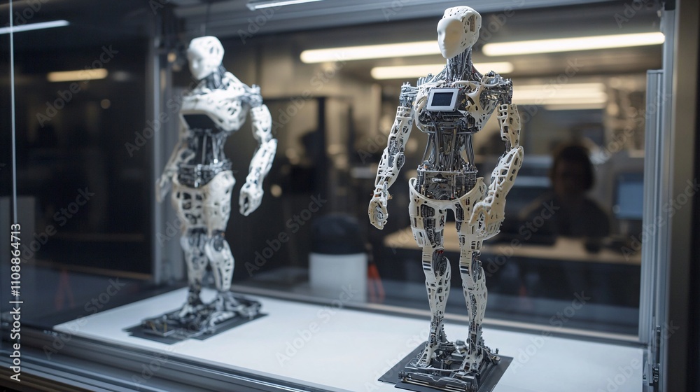 Fototapete two futuristic robots standing in glass case in robotics laboratory