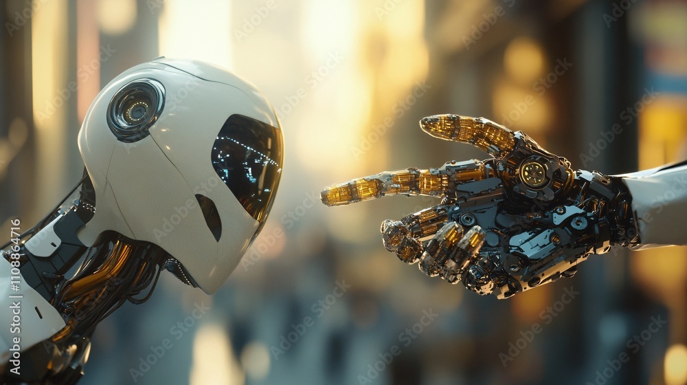 Leinwandbilder futuristic robot interacting with another robot in city setting