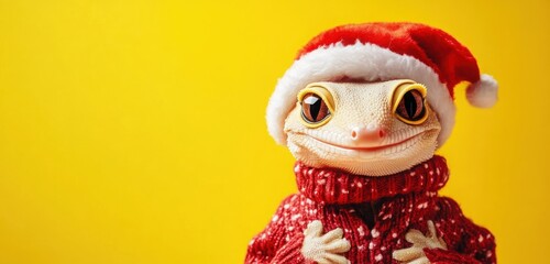 A cute, high-quality photograph featuring a smiling gecko dressed in a red Christmas hat and winter coat, isolated on a yellow background. 