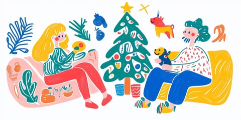 Fototapeta premium Children's New Year drawing, cute illustration