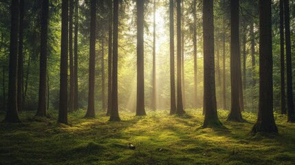 Obraz premium A serene forest background with tall trees and soft sunlight filtering through the leaves, natural and peaceful