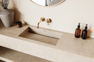 Modern bathroom countertop with integrated stone sink and gold faucet on beige wall. . 3D Rendering