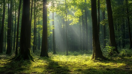 Obraz premium A serene forest background with tall trees and soft sunlight filtering through the leaves, natural and peaceful