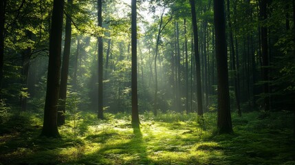 Fototapeta premium A serene forest background with tall trees and soft sunlight filtering through the leaves, natural and peaceful