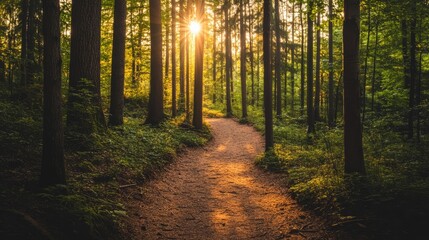 Fototapeta premium A serene forest background with tall trees and soft sunlight filtering through the leaves, natural and peaceful