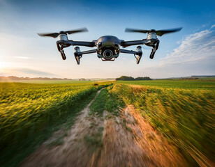 Racing Drone Flying Low Over Dirt Path in Scenic Rural Landscape