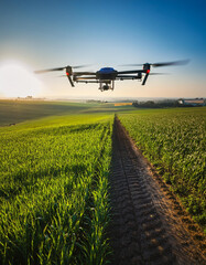 Racing Drone Flying Over Rural Farmland Path at Sunrise