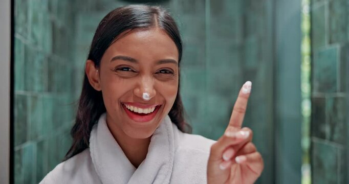 Face, skincare and woman with cream on nose for blackhead repair treatment, cosmetics and hydration. Laughing, portrait and lotion with funny self care routine, beauty and apply moisturizer in home
