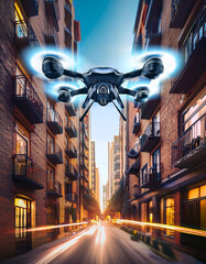 Racing Drone Flying Through Urban Street with Light Trails at Sunset