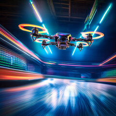 High-Speed Racing Drone on Neon-Lit Indoor Track with Motion Blur