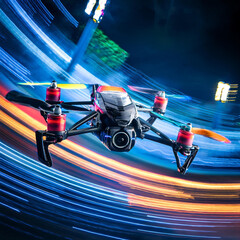 High-Speed Racing Drone with Neon Light Trails on Curved Track