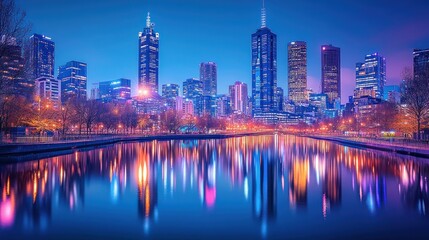 Naklejka premium Melbourne Cityscape at Night: A Stunning Reflection
