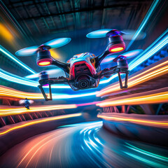 High-Speed Racing Drone on Neon Track with Motion Light Trails