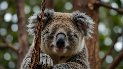 Fototapeta premium Sleeping koala looking uncomfortable in a tree.
