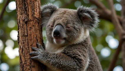 Obraz premium Sleeping koala looking uncomfortable in a tree.