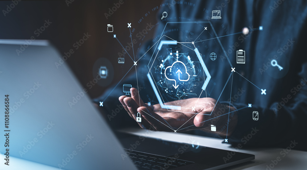 Poster conceptual depiction of cloud computing and data sharing on a digital network interface.