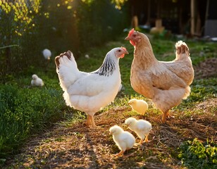 Fototapeta premium nurturing scene of chickens and their chicks, symbolizing care, family bonds, and growth in a peaceful rural setting