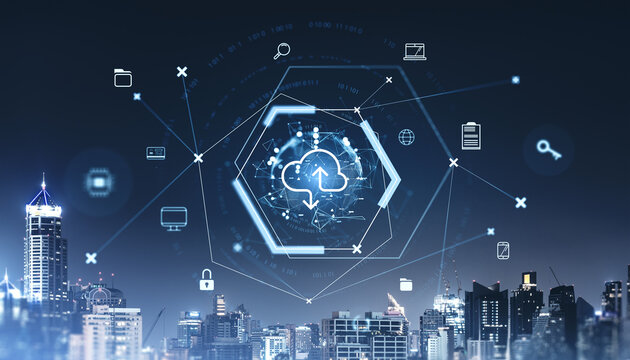 Cloud computing concept with data icons on cityscape background.