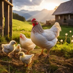Fototapeta premium nurturing scene of chickens and their chicks, symbolizing care, family bonds, and growth in a peaceful rural setting