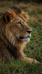 Naklejka premium Slow-motion shot of a young male lion resting in the grass.