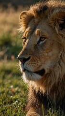 Naklejka premium Slow-motion shot of a young male lion resting in the grass.