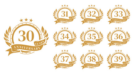 Set of Gold anniversary celebration logo vector. Premium anniversary celebration emblem logo design template collections