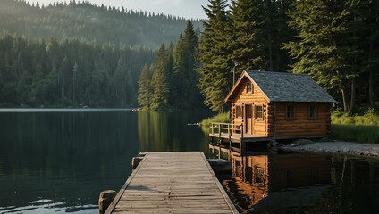 Obraz premium Small cabin on a dock by a peaceful lake with a boat.