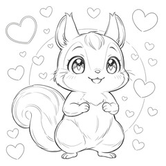 Fototapeta premium Adorable Manga-Style Squirrel with Loving Expression Among Floating Hearts Against White Background
