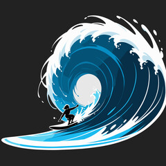 Bold Silhouetted Surfer Riding Dynamic Blue and White Wave