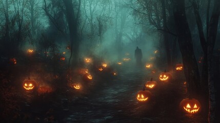 Obraz premium A spooky forest path lined with glowing jack-o'-lanterns and fog creeping along the ground, leading to an ominous, shadowy figure in the distance