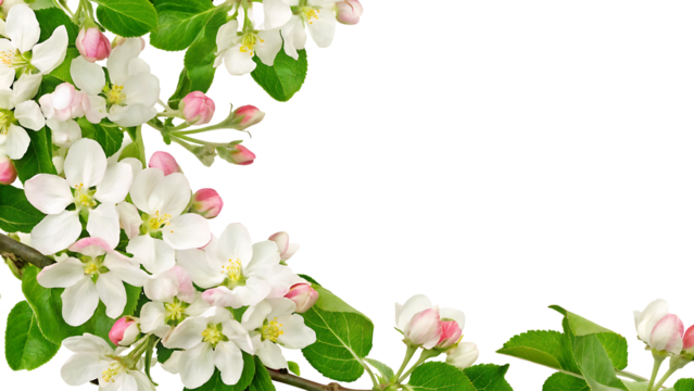 Blossoming branch of apple tree flower on a white background.AI GENERATED