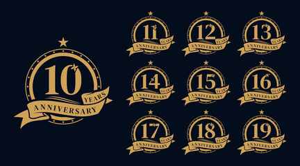 Fototapeta premium Set of Gold anniversary celebration logo vector. Premium anniversary celebration emblem logo design template collections