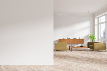 Modern living room interior with blank wall on left side, wooden floor, minimalistic furniture, and large windows lighting the space. 3D Rendering