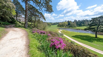 Obraz premium Serene Garden Path Lush Greenery Blooming Flowers Pond Estate Spring