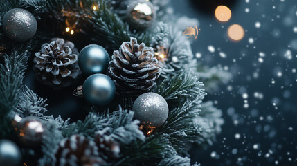 Christmas garland with frosted pinecones and silver baubles
