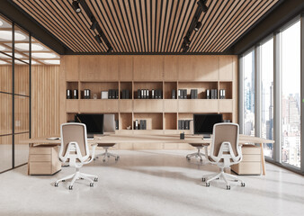 Modern office interior with wooden furniture and natural lighting. 3D Rendering