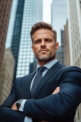 Fototapeta premium Confident businessman poses with arms crossed in front of a modern skyscraper on a cloudy day