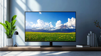 Fototapeta premium Modern TV displaying scenic landscape.