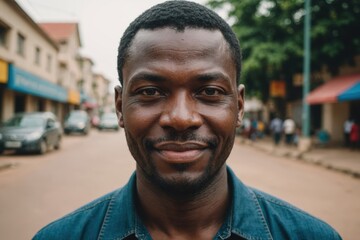 Fototapeta premium Close portrait of a smiling 40s Togolese man looking at the camera, Togolese city outdoors blurred background