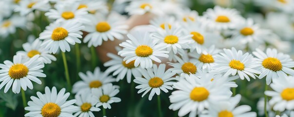 Fototapeta premium Floral Romantic Vibes Concept, Vibrant Close-Up of White Daisies with Bright Yellow Centers in Natural Outdoor Setting