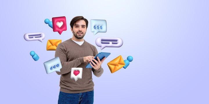 Man interacting with social media icons on a tablet against a light blue background.