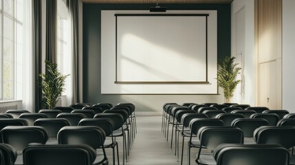 Obraz premium A modern conference room with chairs and a projector screen for presentations.