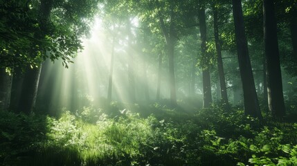 Obraz premium A serene forest background with tall trees and soft sunlight filtering through the leaves, natural and peaceful