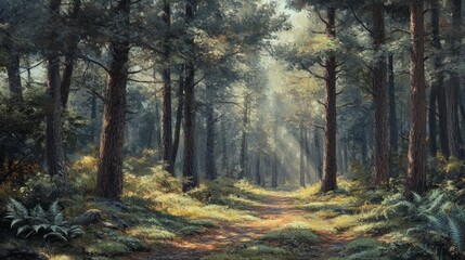 Obraz premium A tranquil spring forest scene, with budding leaves and sunlight breaking through the canopy