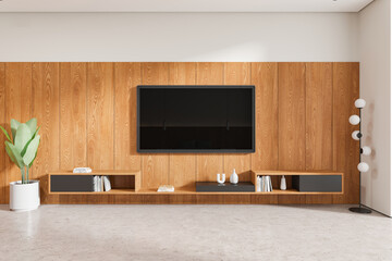 Modern living room with wooden panel wall, mounted TV, and minimalist decor. 3D Rendering