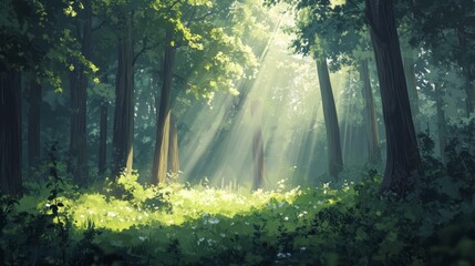 Obraz premium A tranquil spring forest scene, with budding leaves and sunlight breaking through the canopy