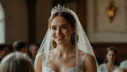 Smiling bride with crown and veil at wedding.